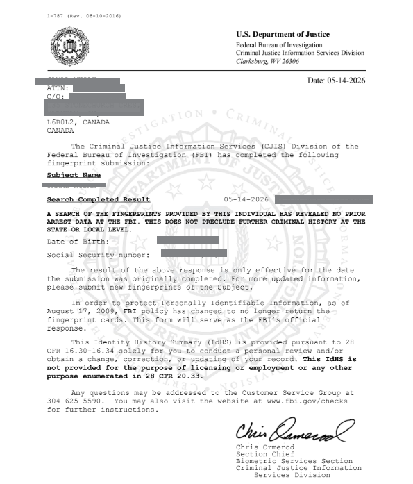 Mẫu kết quả FBI Check