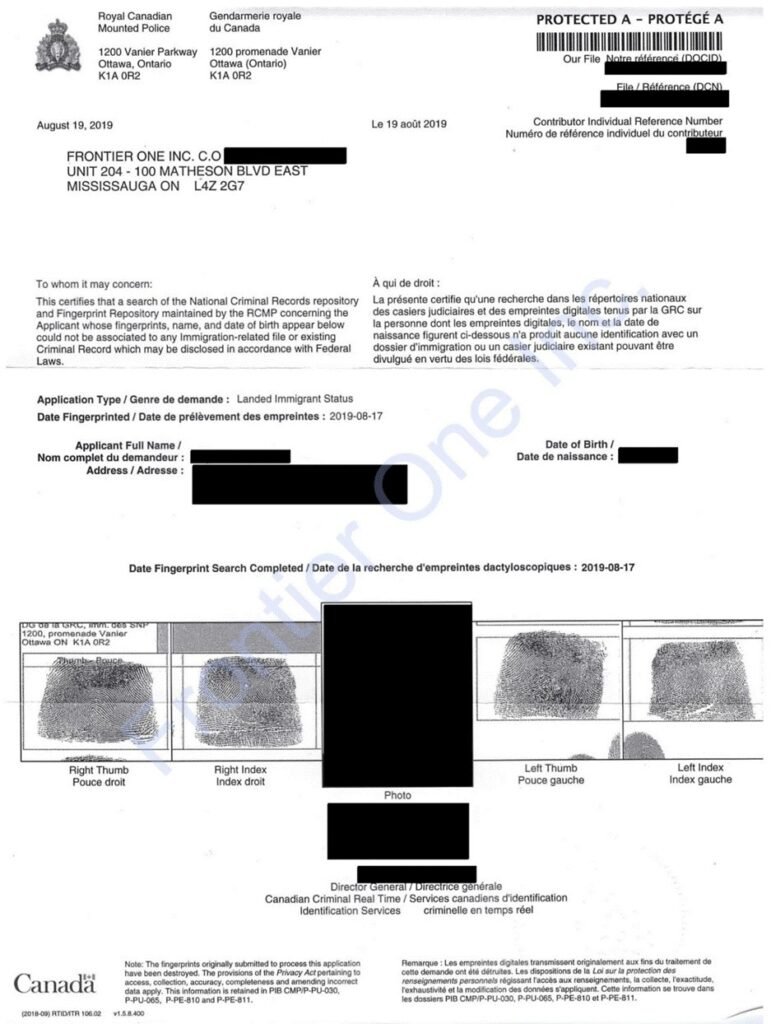 Mẫu kết quả RCMP Certified Check cho cá nhân đang làm hồ sơ PR