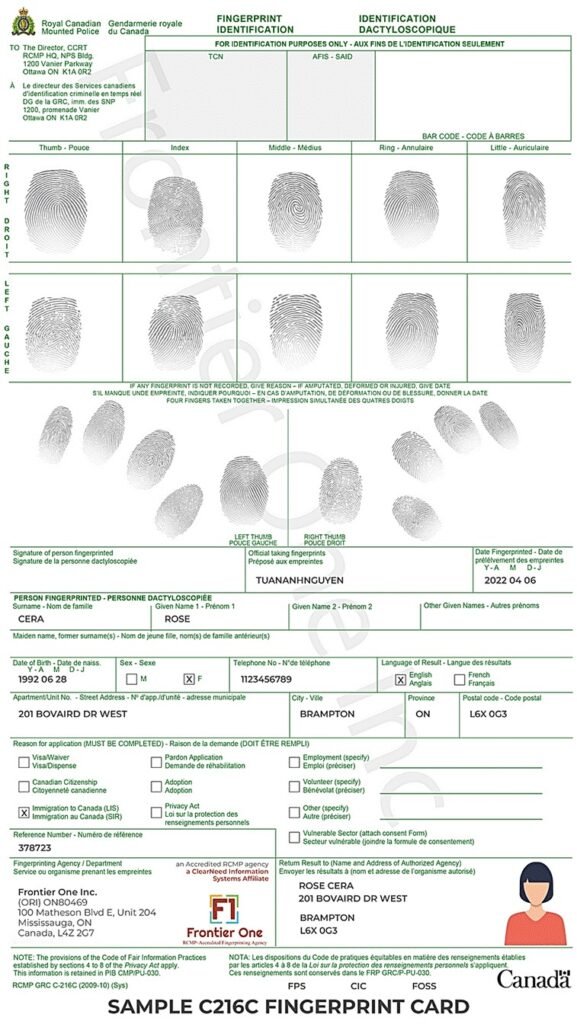 Phiếu vân tay C-216C sử dụng cho RCMP Certified Check
