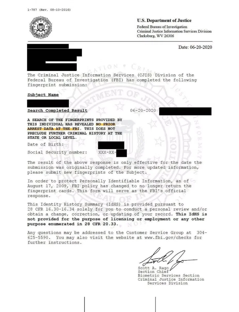 Mẫu kết quả FBI Check