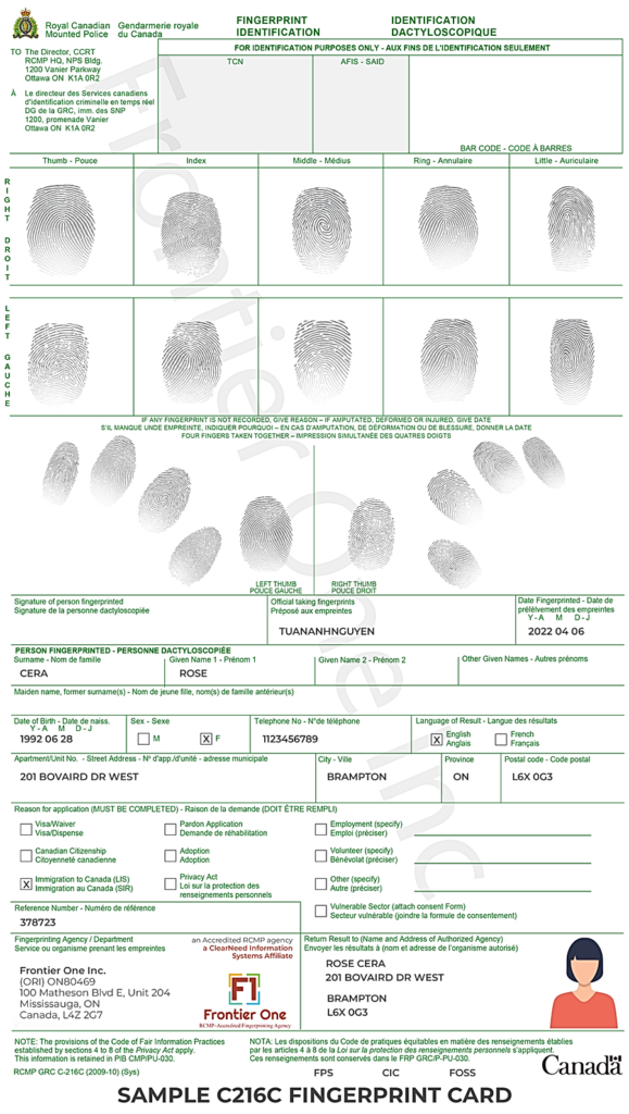 Mẫu phiếu vân tay C-216C được RCMP chấp nhận khi xin RCMP Check xin PR